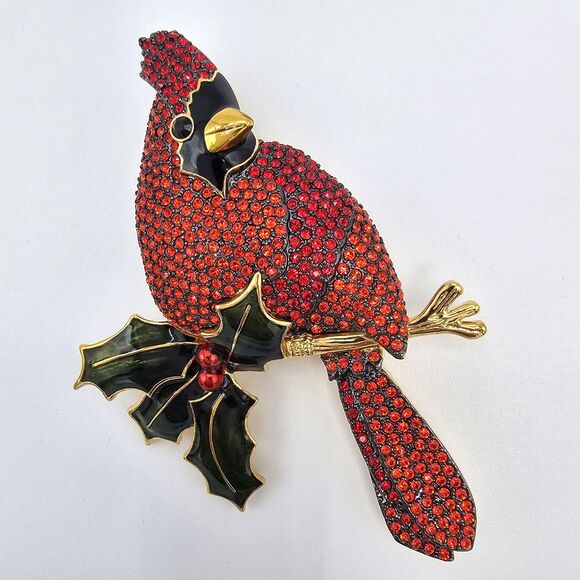 Joan Rivers Cardinal Brooch Vtg Pave Crystal Bird Enamel Holly Holiday Winter - Picture 7 of 14